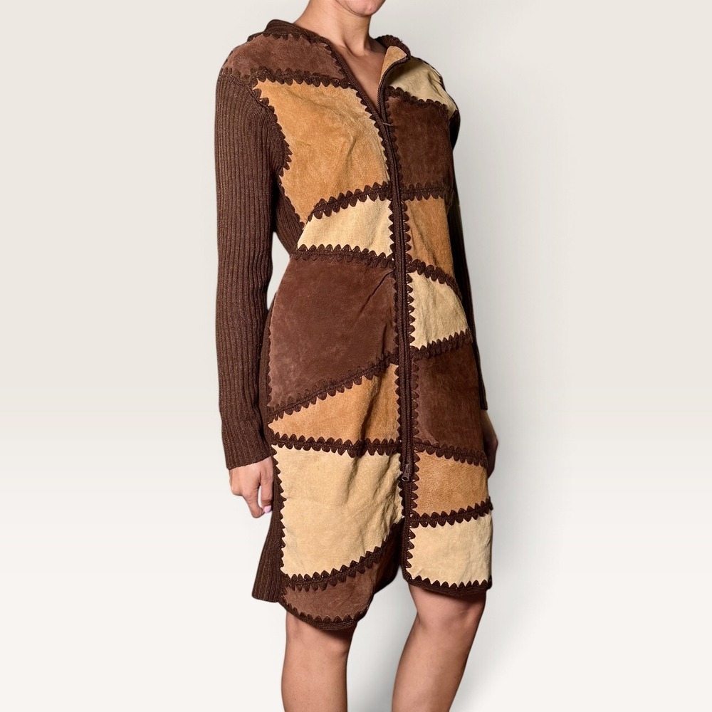 Misdemeanor Vintage Suede Patchwork Hooded Midi Dress Brown Medium EUC Boho Y2K - Picture 4 of 9
